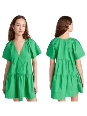 NEW A.L.C. Camila Cotton Pleated Ruffled Short Sleeve Mini Dress Green Size: 4
